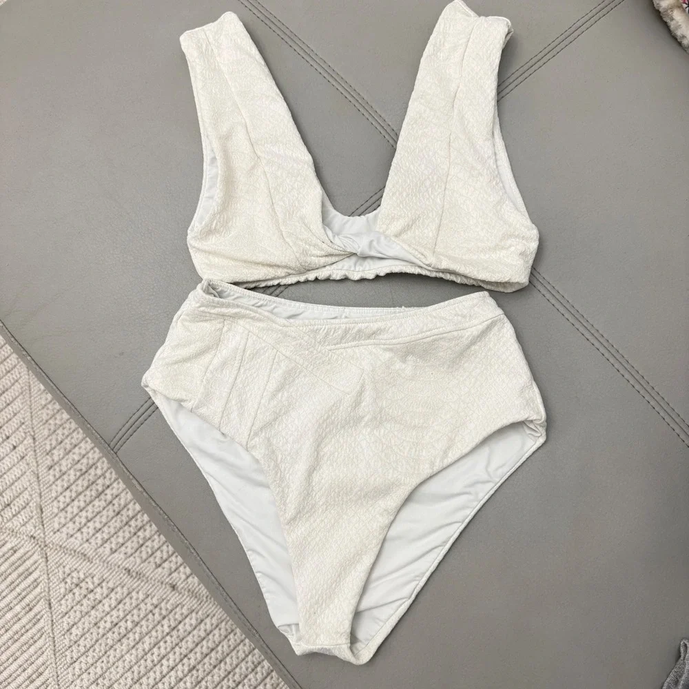 C17 RARE Revel Rey Hunter Bikini Two Piece Cream Snake Texture High Waisted Boho